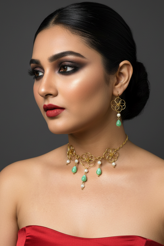 Princess Jasmine Floral Brass Choker Necklace Jewelry Set (Necklace + Earrings)