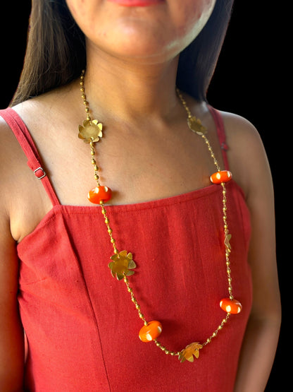 Shiuli Orange Beaded Brass Chain Necklace