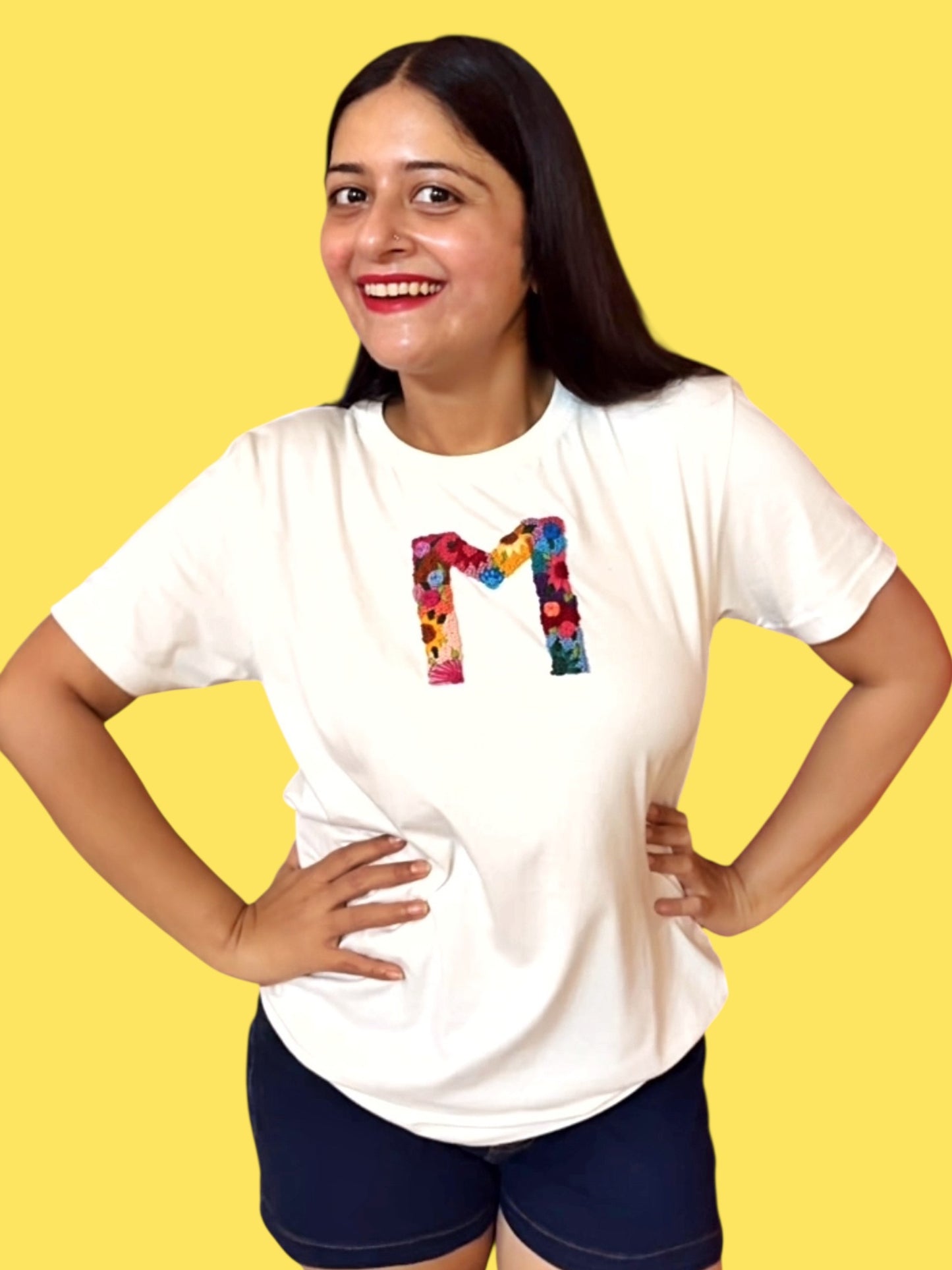 Hana Alphabet Embroidered T-shirt Top - White