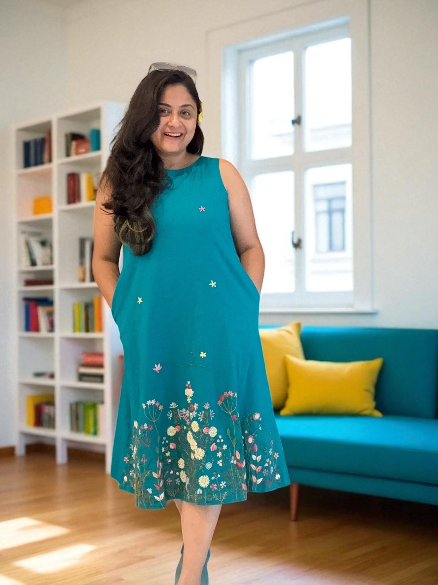 Bianca Embroidered Khadi Cotton A-line Dress - Turquoise Blue