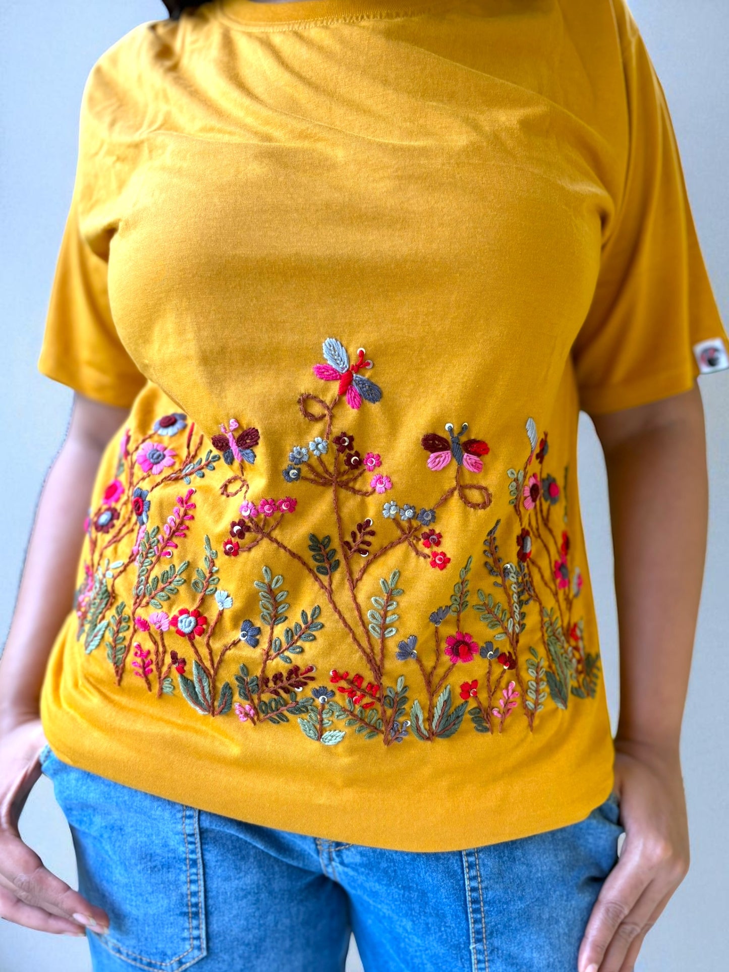 Hana Embroidered T-shirt Top - Yellow Ochre Front
