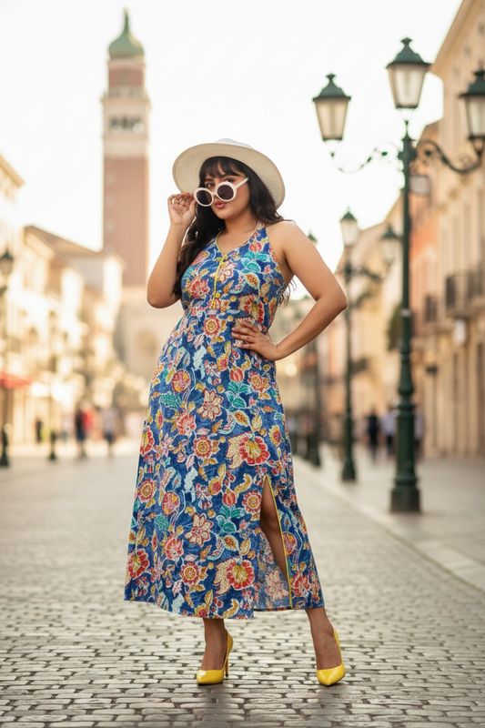 Shanaya Printed Cotton Halterneck Long Dress