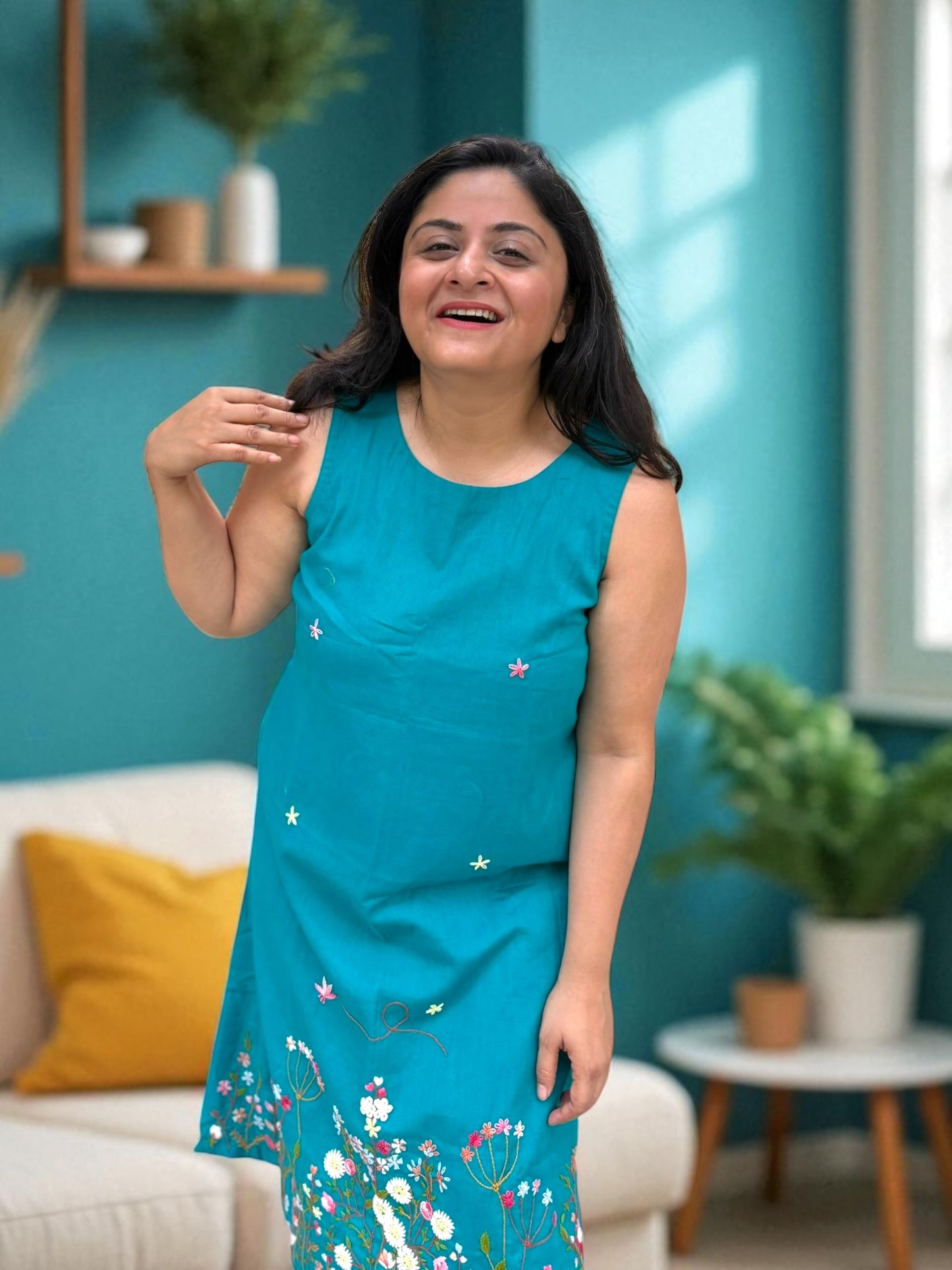 Bianca Embroidered Khadi Cotton A-line Dress - Turquoise Blue