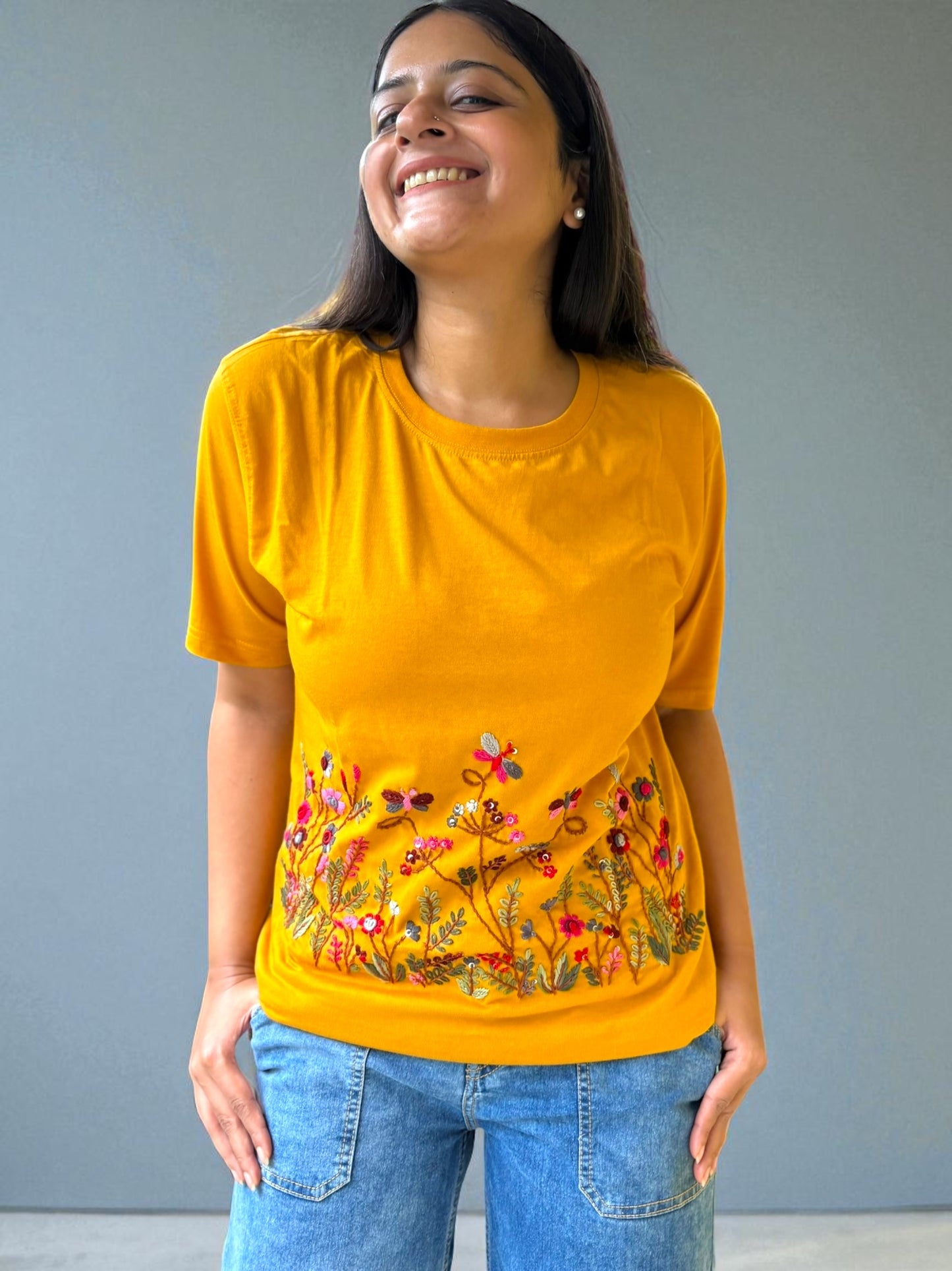 Hana Embroidered T-shirt Top - Yellow Ochre Front