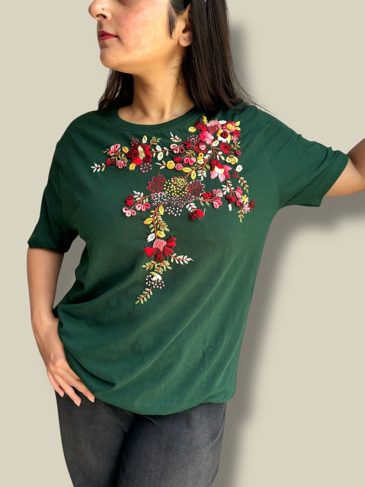 Hana Embroidered T-shirt Top - Green Shoulder