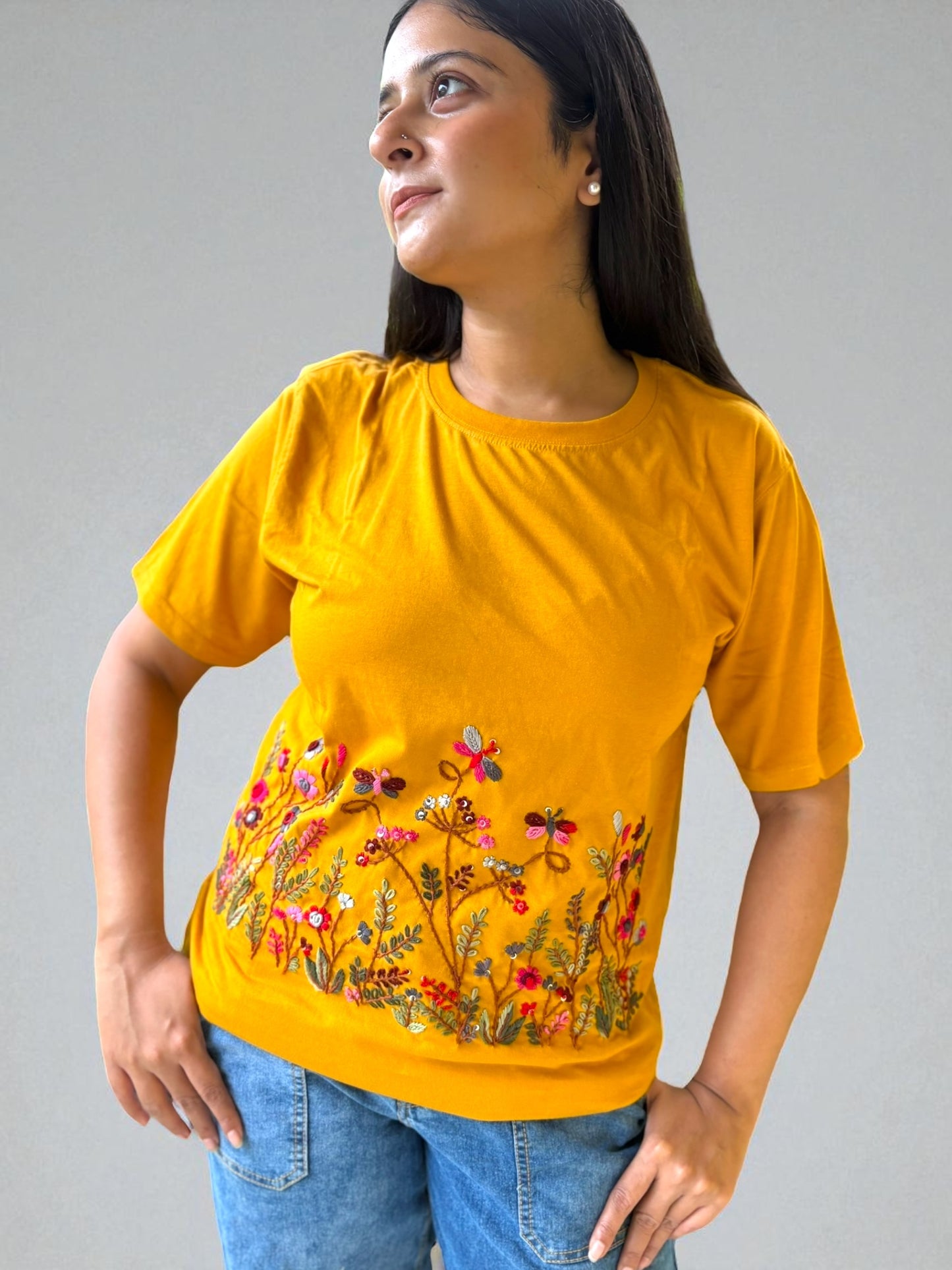 Hana Embroidered T-shirt Top - Yellow Ochre Front