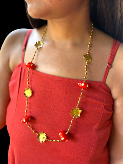 Shiuli Red Beaded Brass Chain Necklace