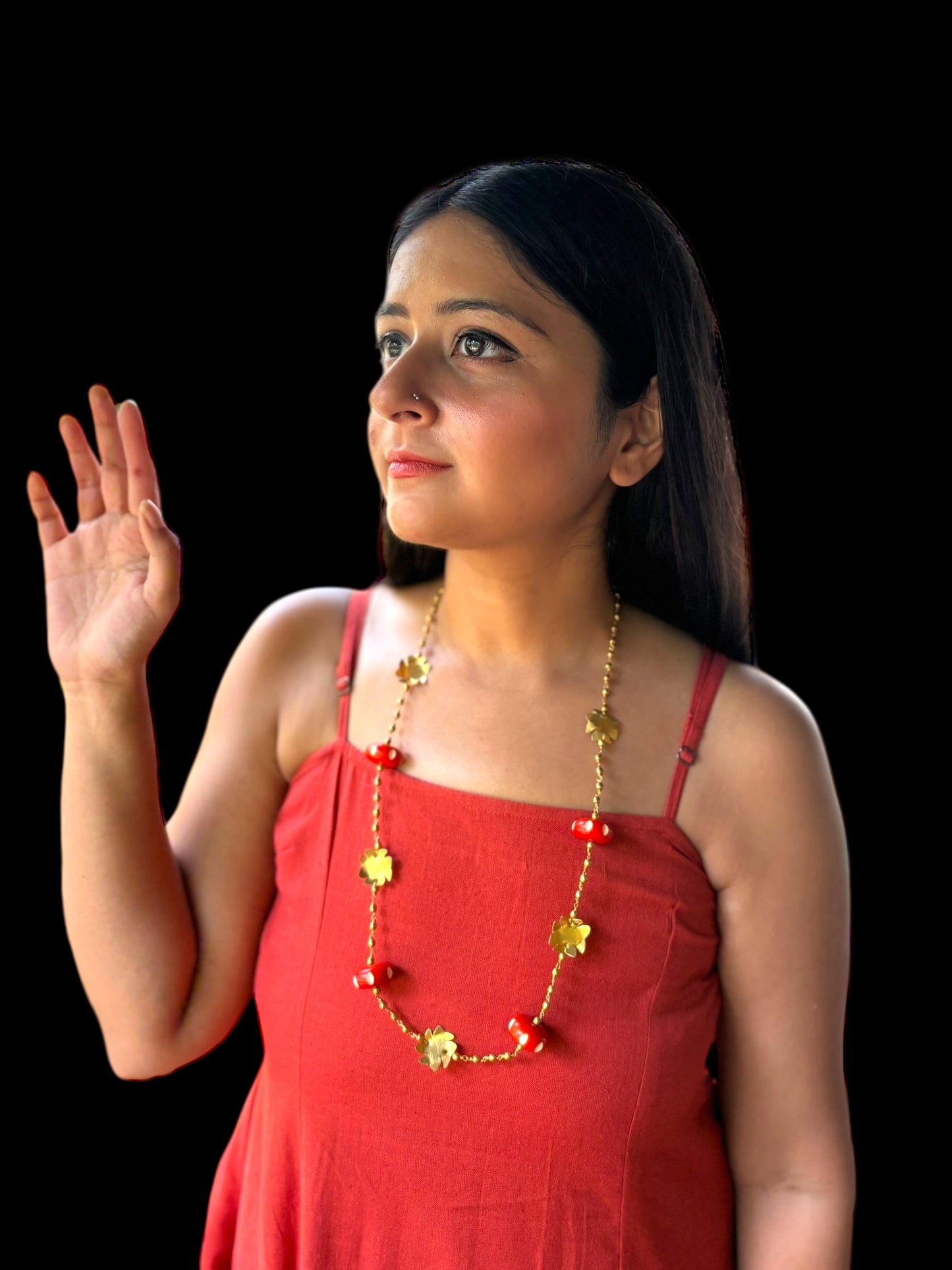 Shiuli Red Beaded Brass Chain Necklace