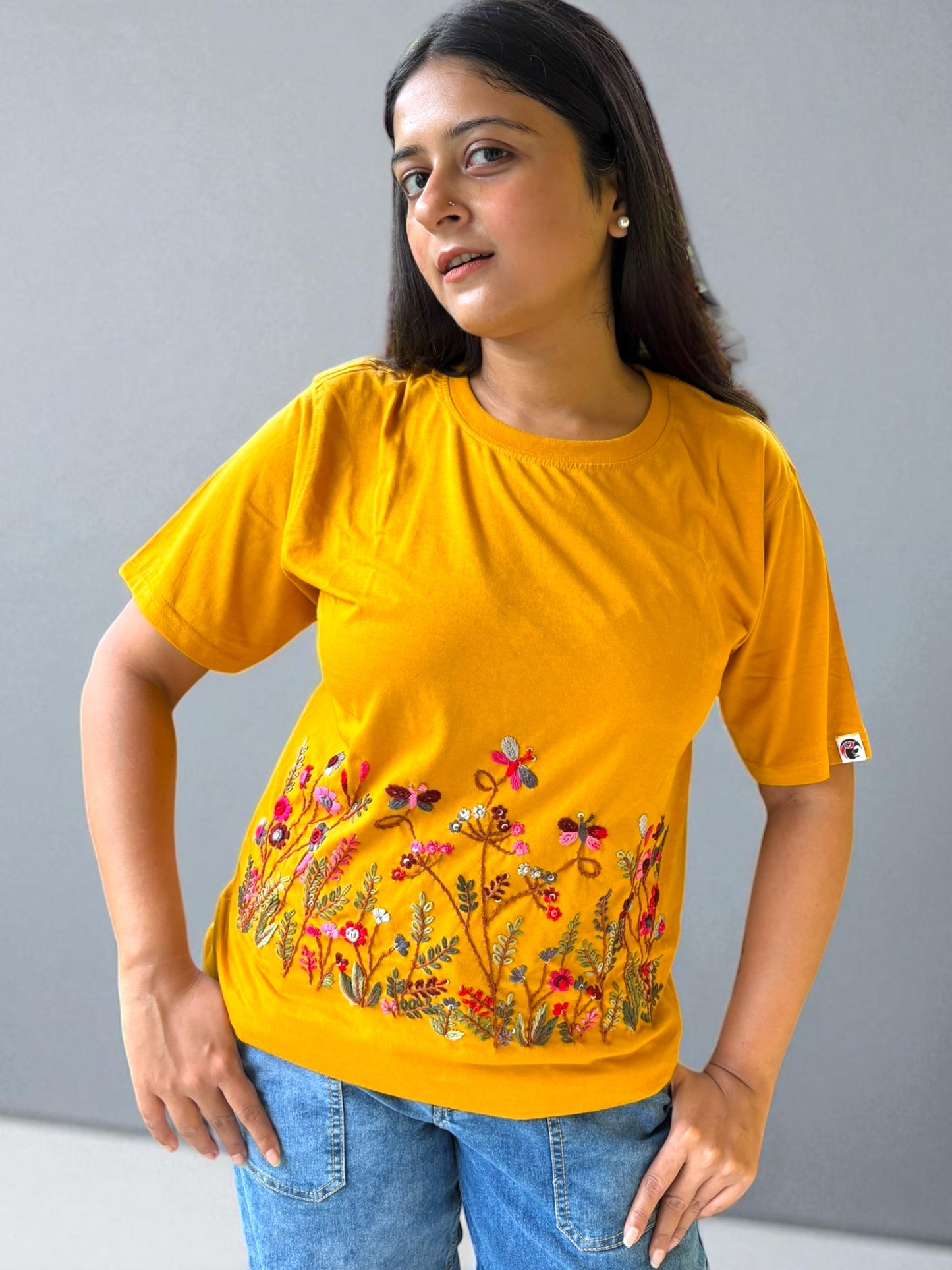 Hana Embroidered T-shirt Top - Yellow Ochre Front