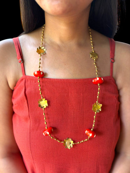 Shiuli Red Beaded Brass Chain Necklace