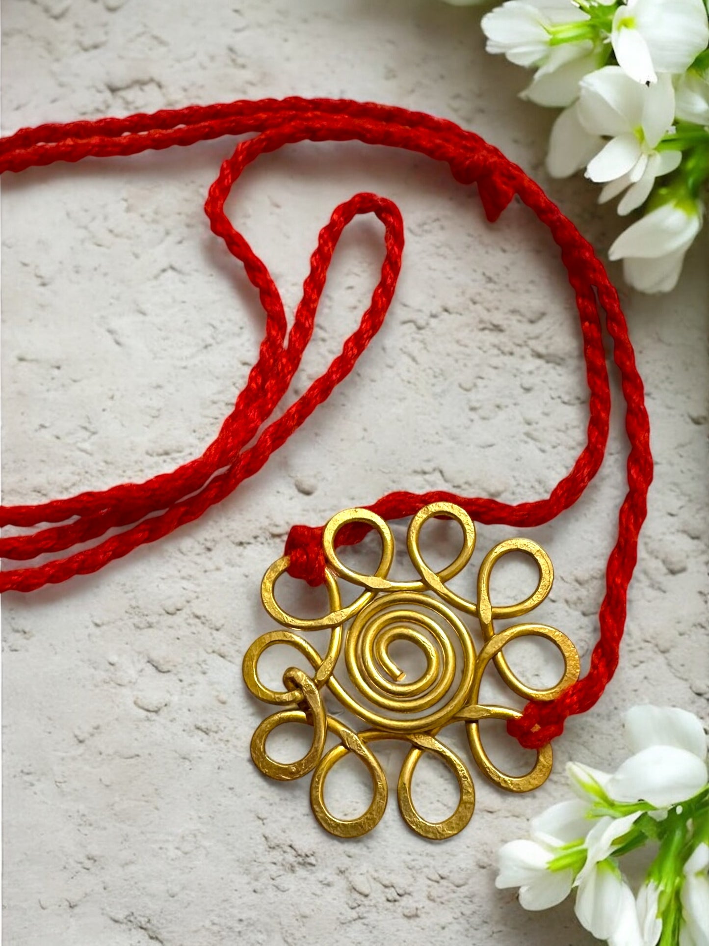 Spiral Flower Forever Brass Rakhi - Red