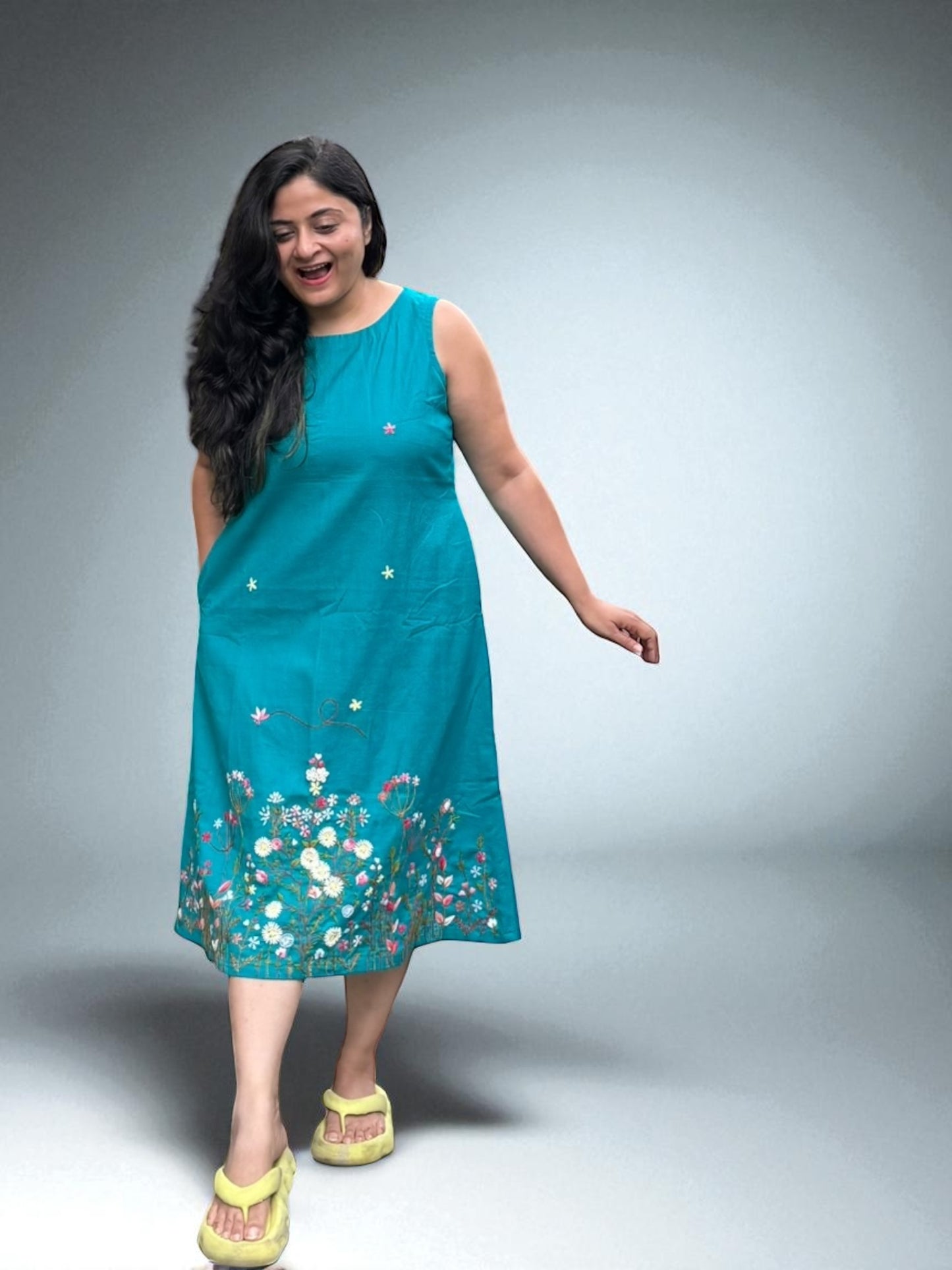 Bianca Embroidered Khadi Cotton A-line Dress - Turquoise Blue