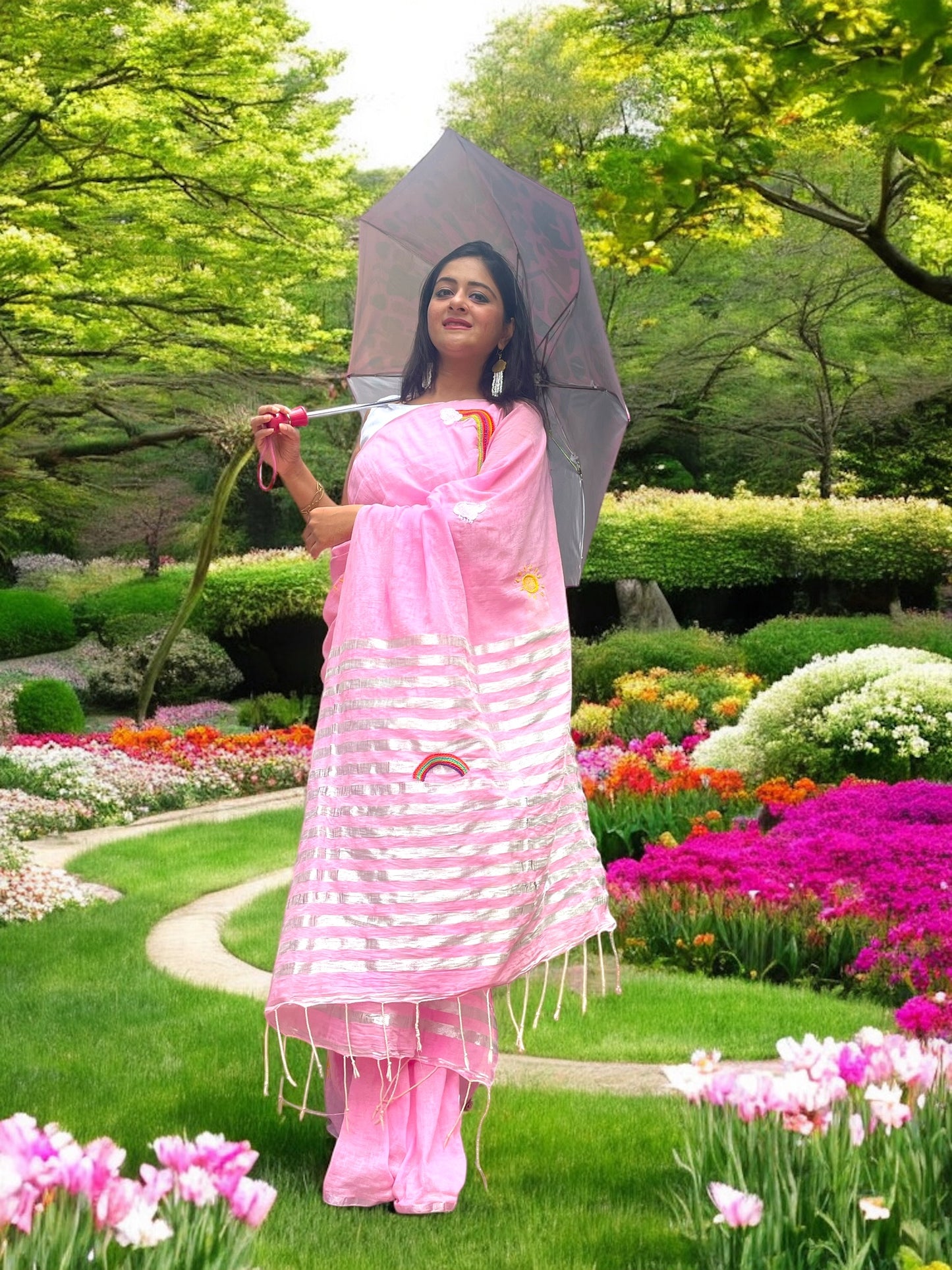 Rainbow Sky Hand-Embroidered Cotton Saree - Baby Pink