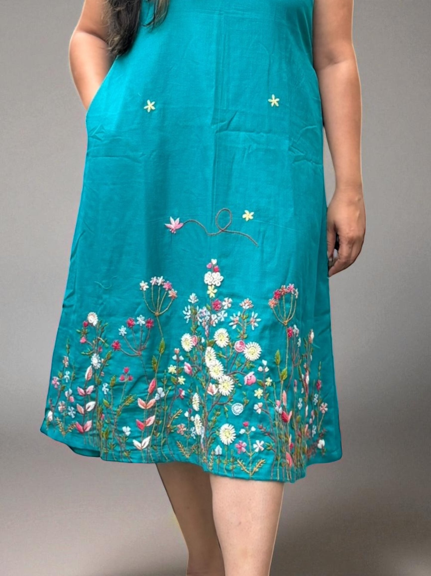 Bianca Embroidered Khadi Cotton A-line Dress - Turquoise Blue