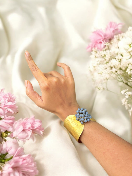 Flower Bouquet Cuff Crystal and Brass Bracelet - Gray