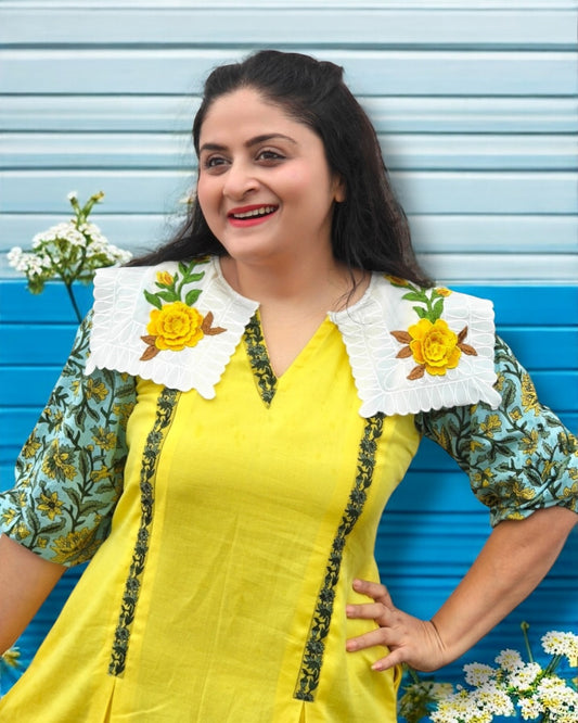 Sunshine Collared Puff Sleeved Midi Cotton Dress - Yellow