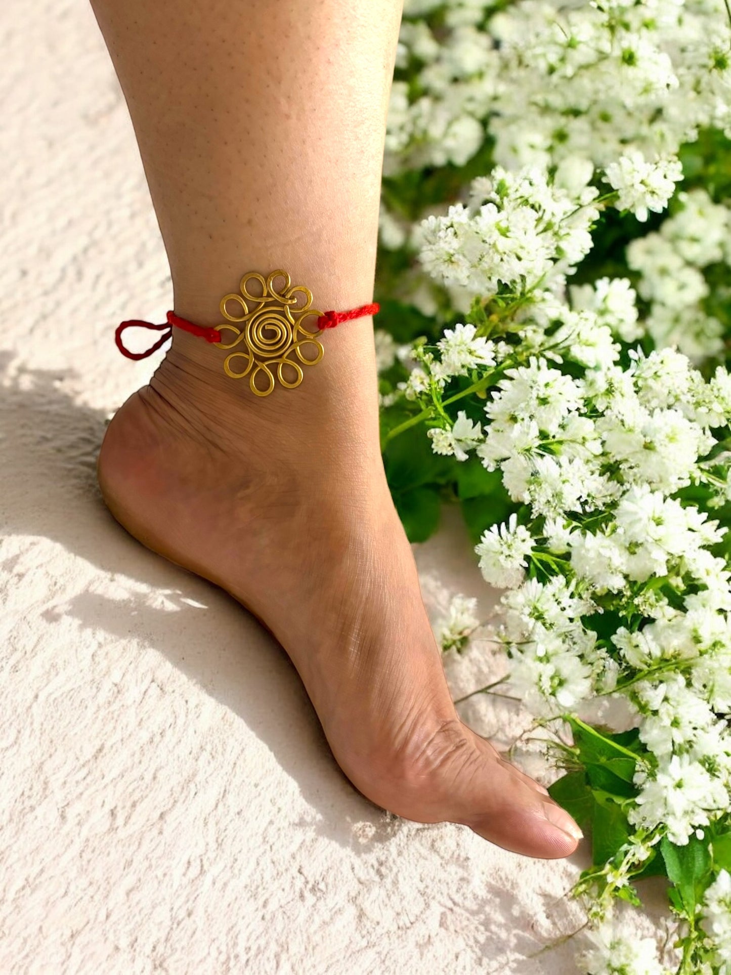 Spiral Flower Brass Anklet - Red