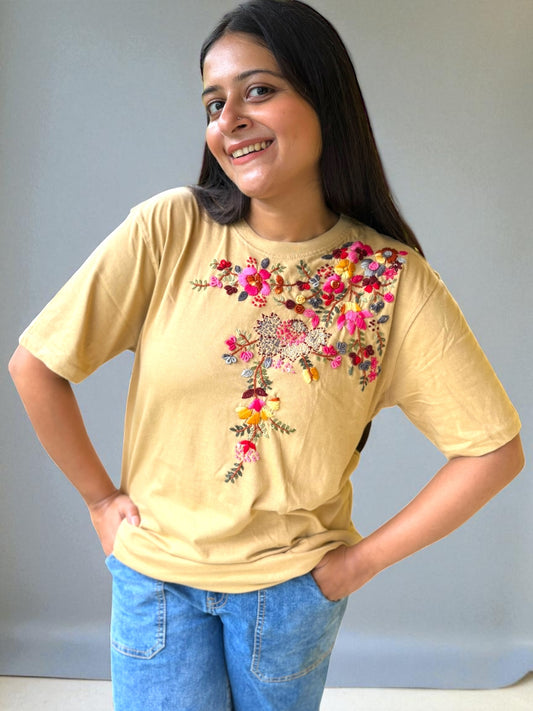 Hana Embroidered T-shirt Top - Beige Shoulder