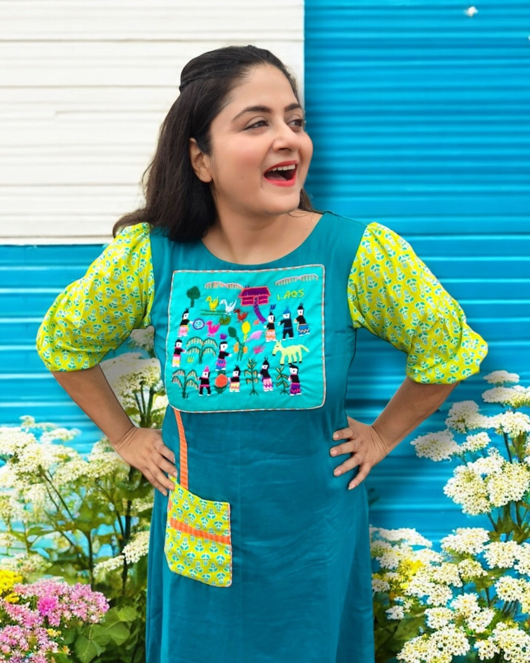 Amelia Patchwork Puff Sleeved Midi Cotton Dress - Turquoise Blue