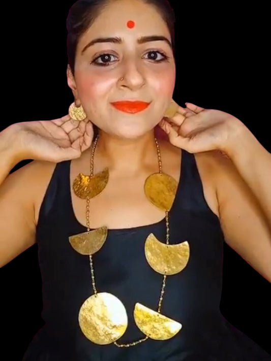 Phases of the Moon Brass Statement Necklace Jewelry Set (Necklace, Earrings)
