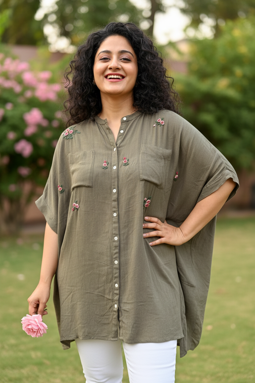 Ella Embroidered Antifit Cotton Kimono Top - Moss Green