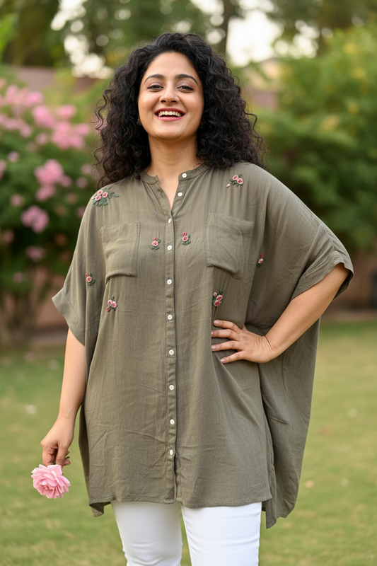 Ella Embroidered Antifit Cotton Kimono Top - Moss Green