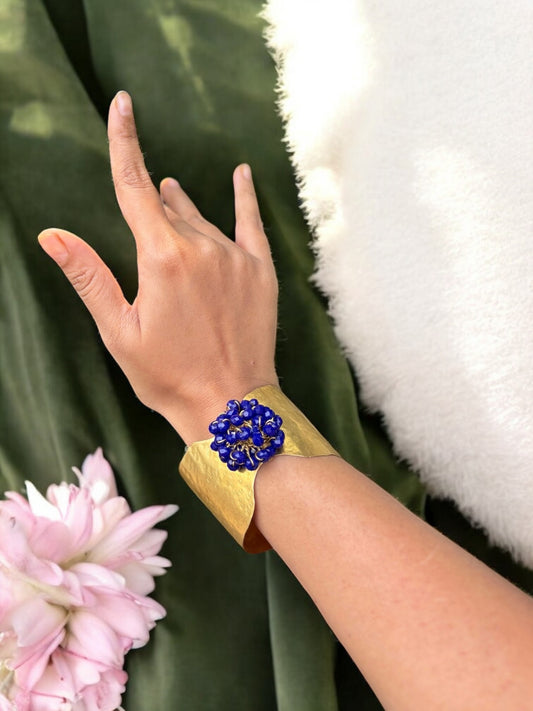 Flower Bouquet Cuff Crystal and Brass Bracelet - Blue