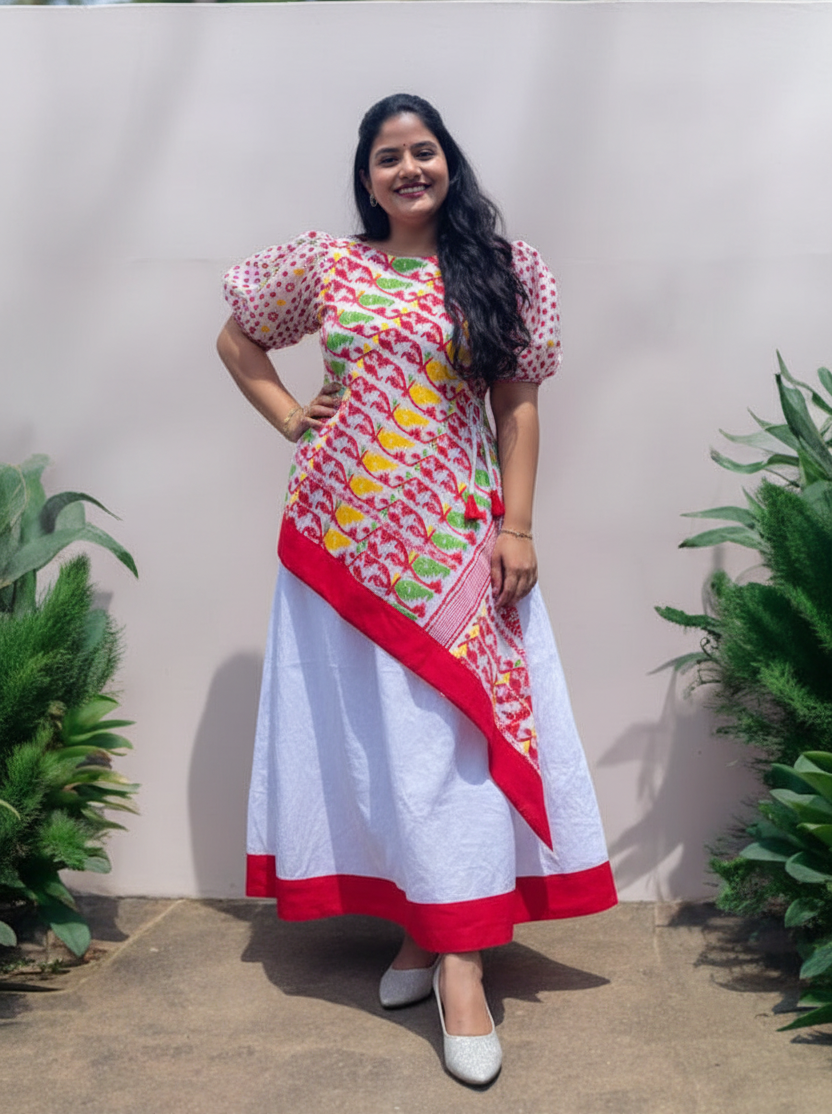 Janvi Jamdani Cotton Asymmetric Layer Long Dress