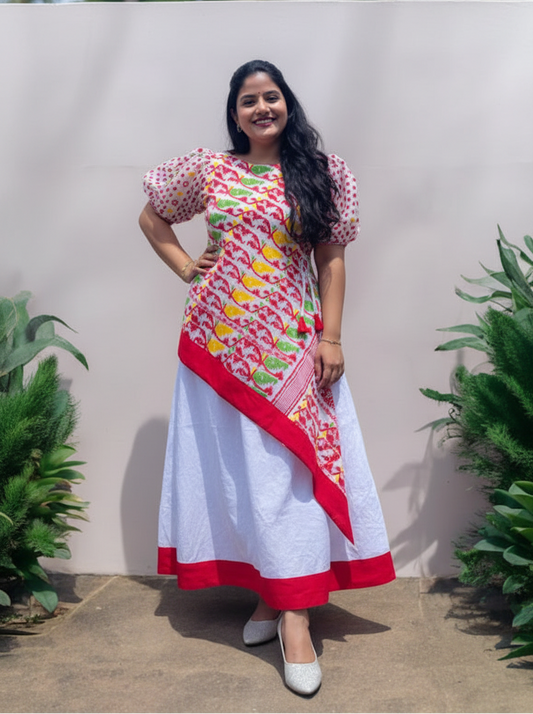 Janvi Jamdani Cotton Asymmetric Layer Long Dress