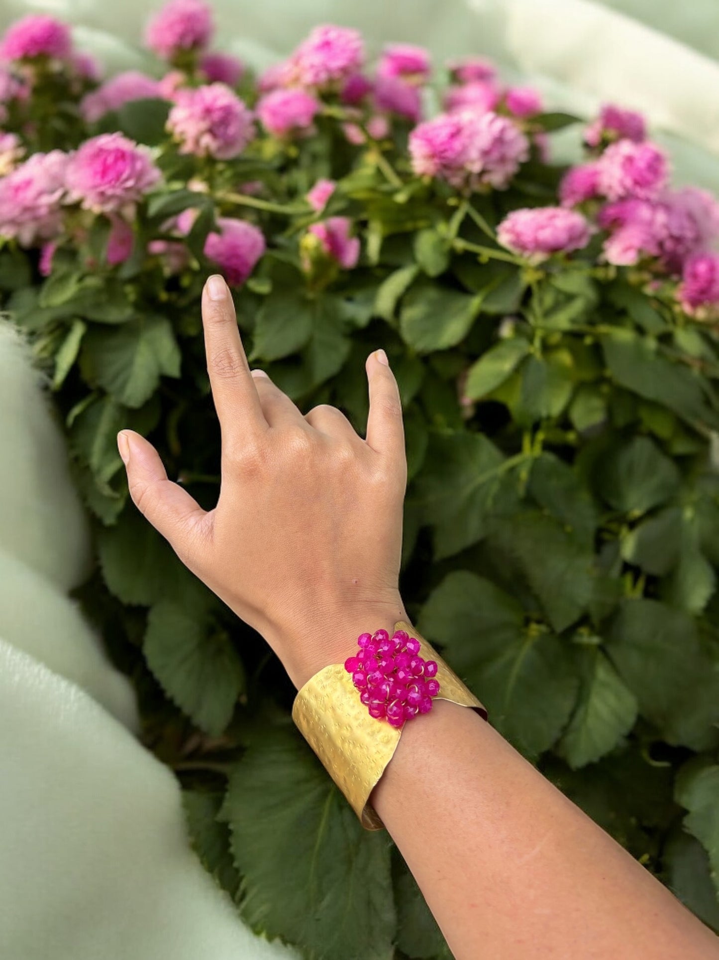 Flower Bouquet Cuff Crystal and Brass Bracelet - Pink