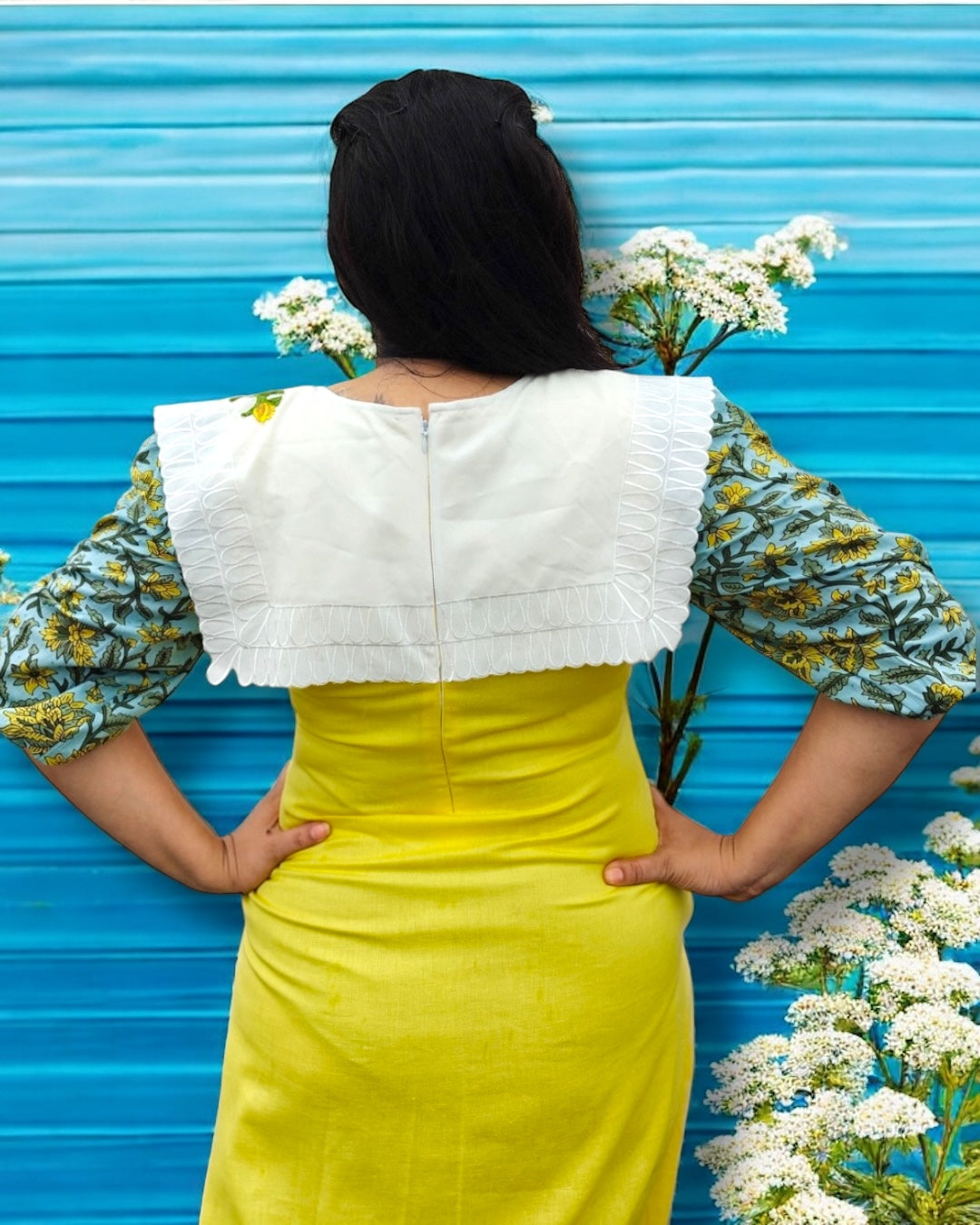 Sunshine Collared Puff Sleeved Midi Cotton Dress - Yellow