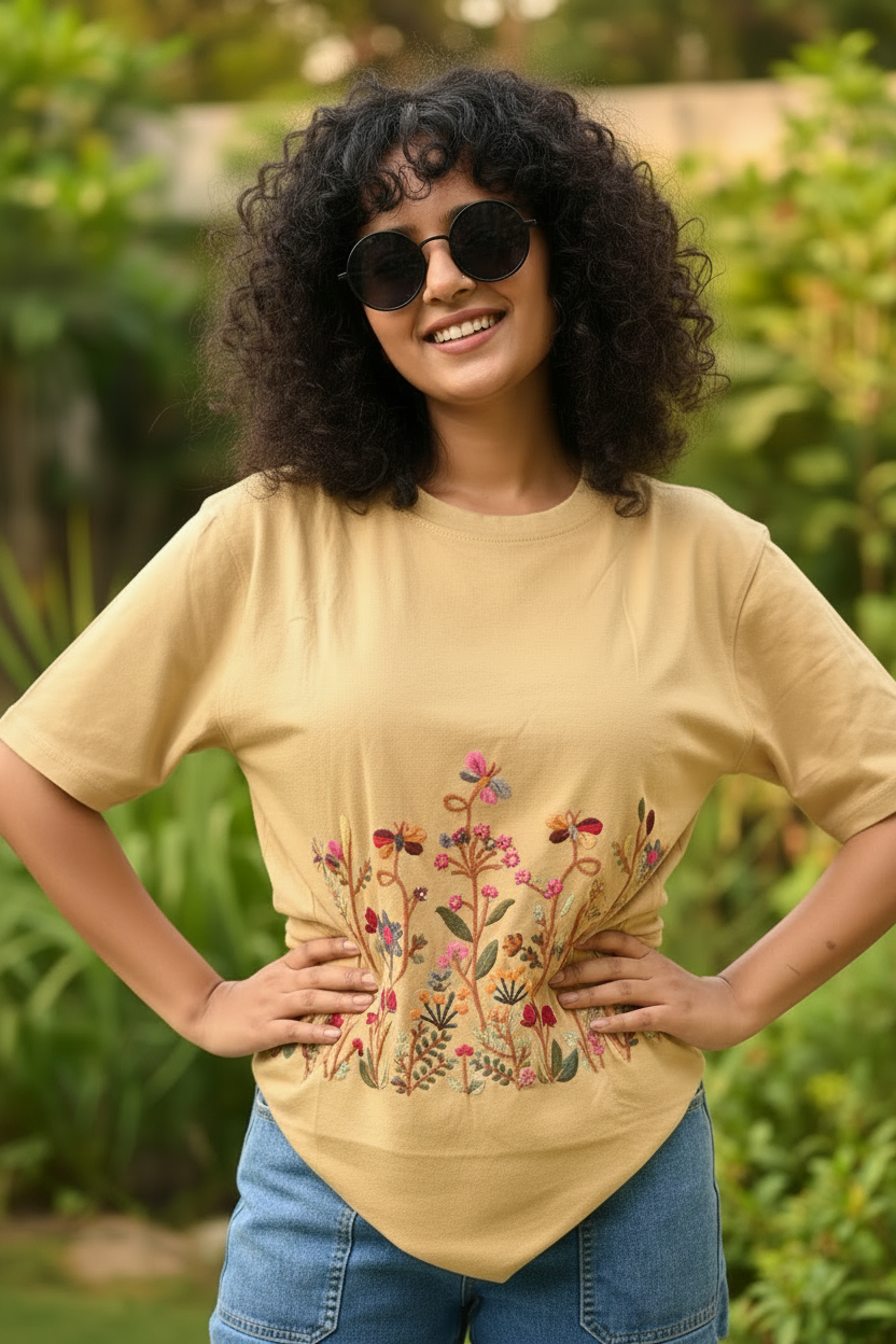 Hana Embroidered T-shirt Top - Beige Front