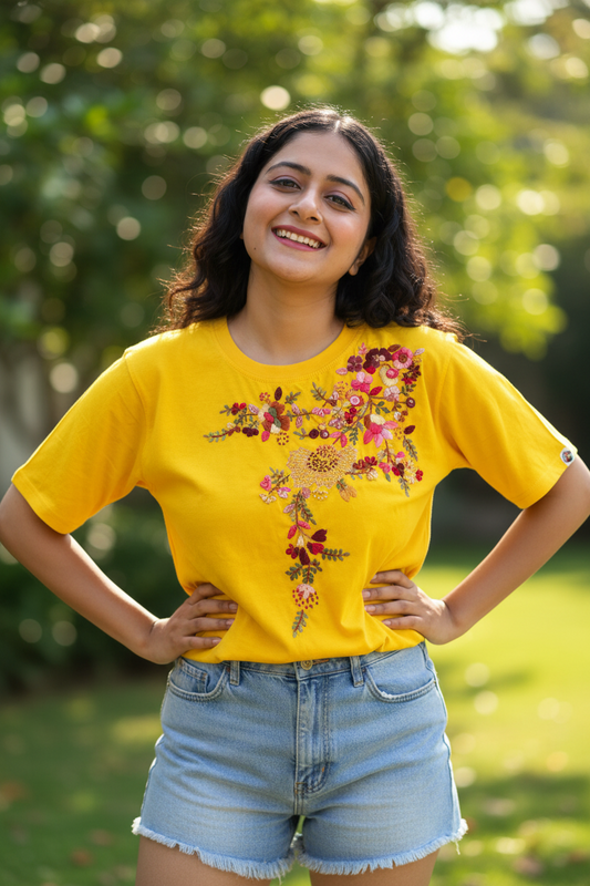 Hana Embroidered T-shirt Top - Yellow Shoulder