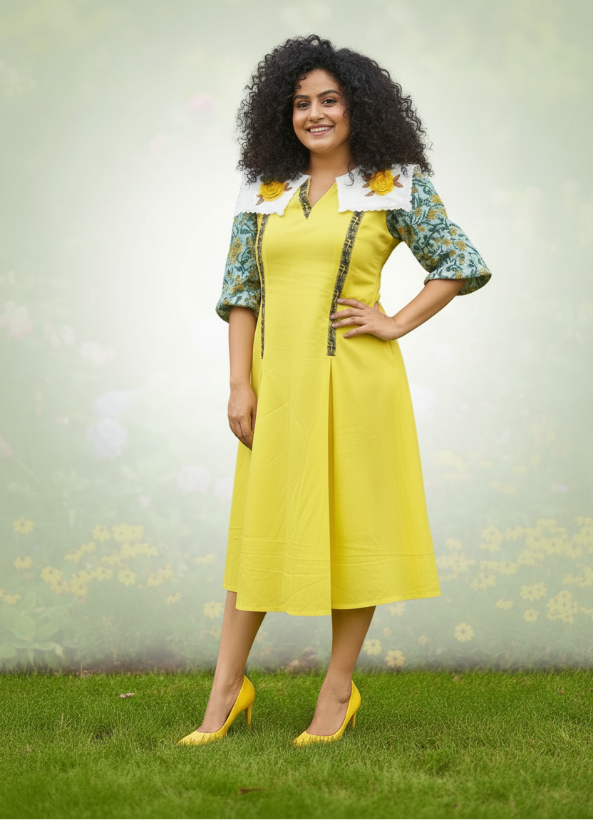 Sunshine Collared Puff Sleeved Midi Cotton Dress - Yellow