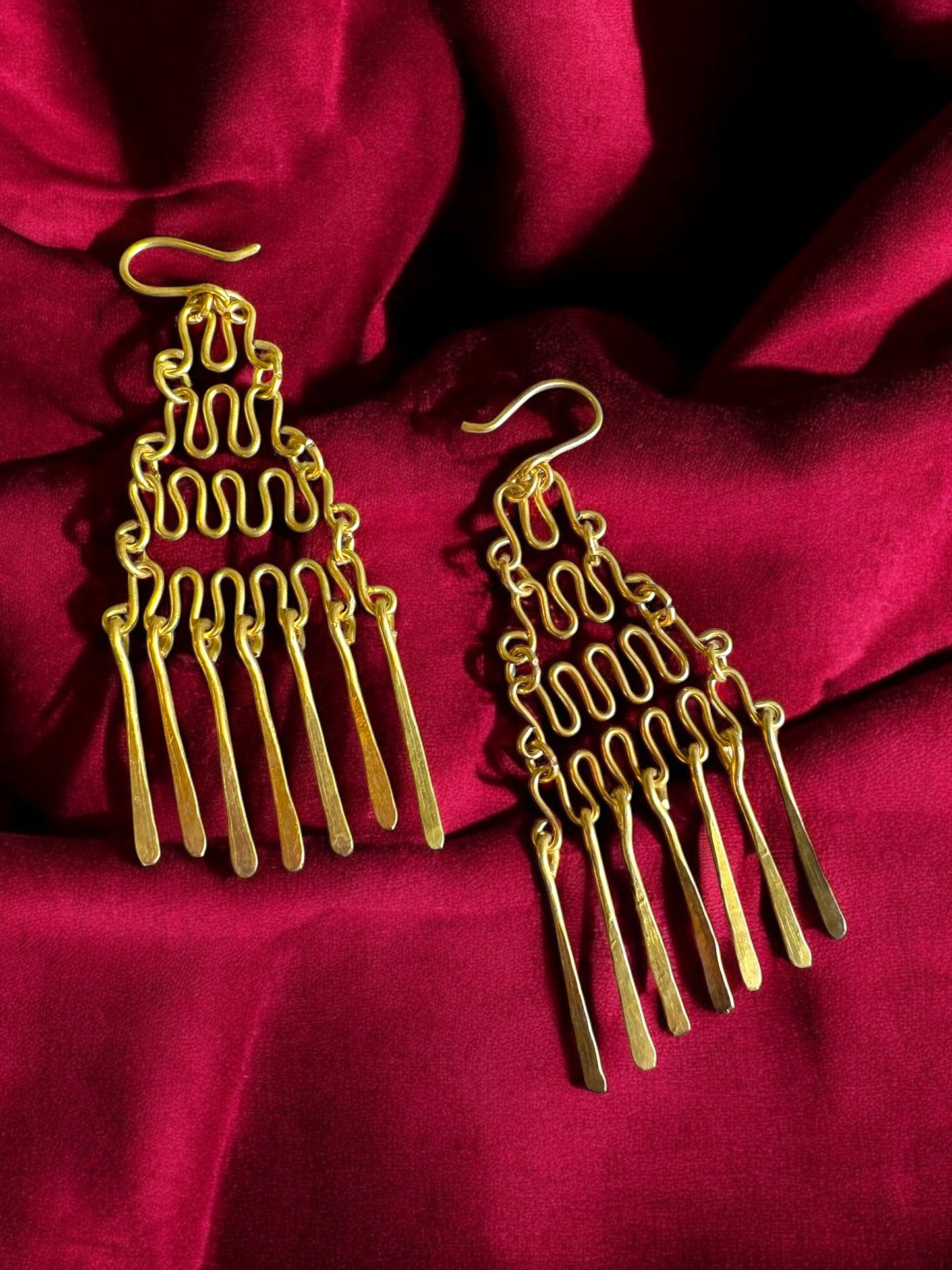 Chained Pyramid Chandelier Brass Dangler Earrings