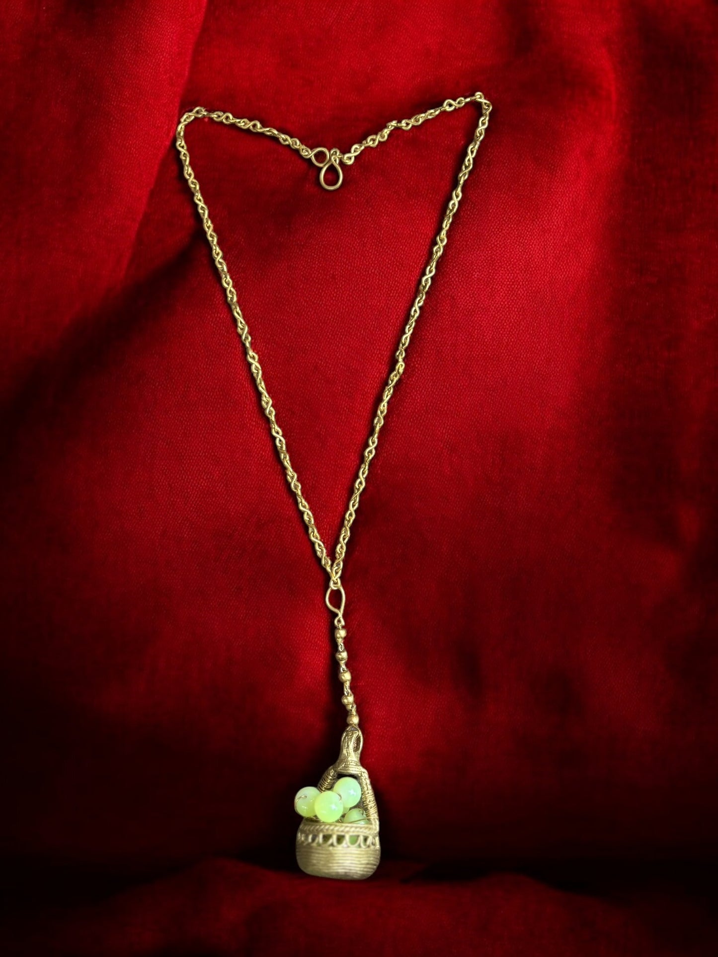 Green Grapes Basket Dokra Crystal and Brass Pendant Chain Necklace