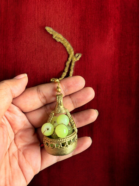 Green Grapes Basket Dokra Crystal and Brass Pendant Chain Necklace