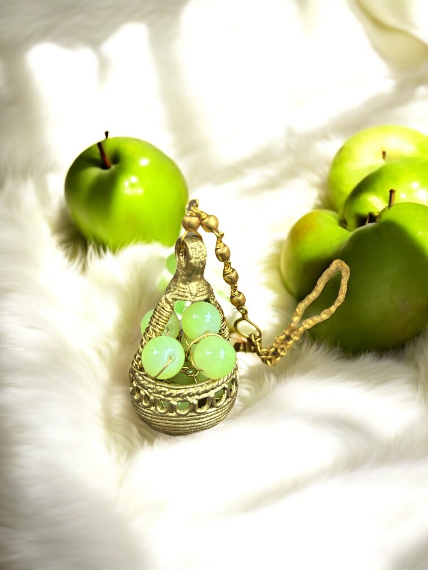 Green Grapes Basket Dokra Crystal and Brass Pendant Chain Necklace