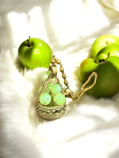 Green Grapes Basket Dokra Crystal and Brass Pendant Chain Necklace