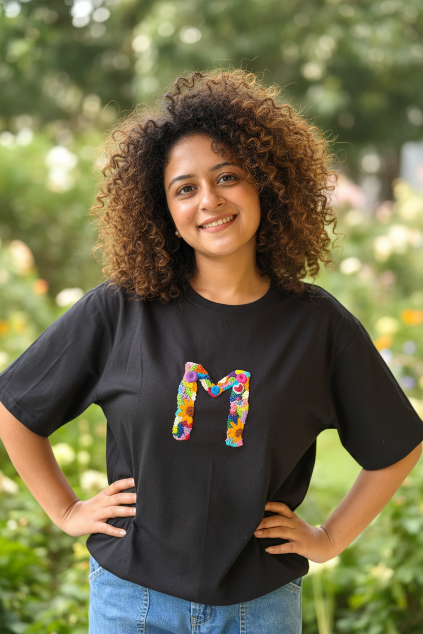 Hana Alphabet Embroidered T-shirt Top -“M” Black
