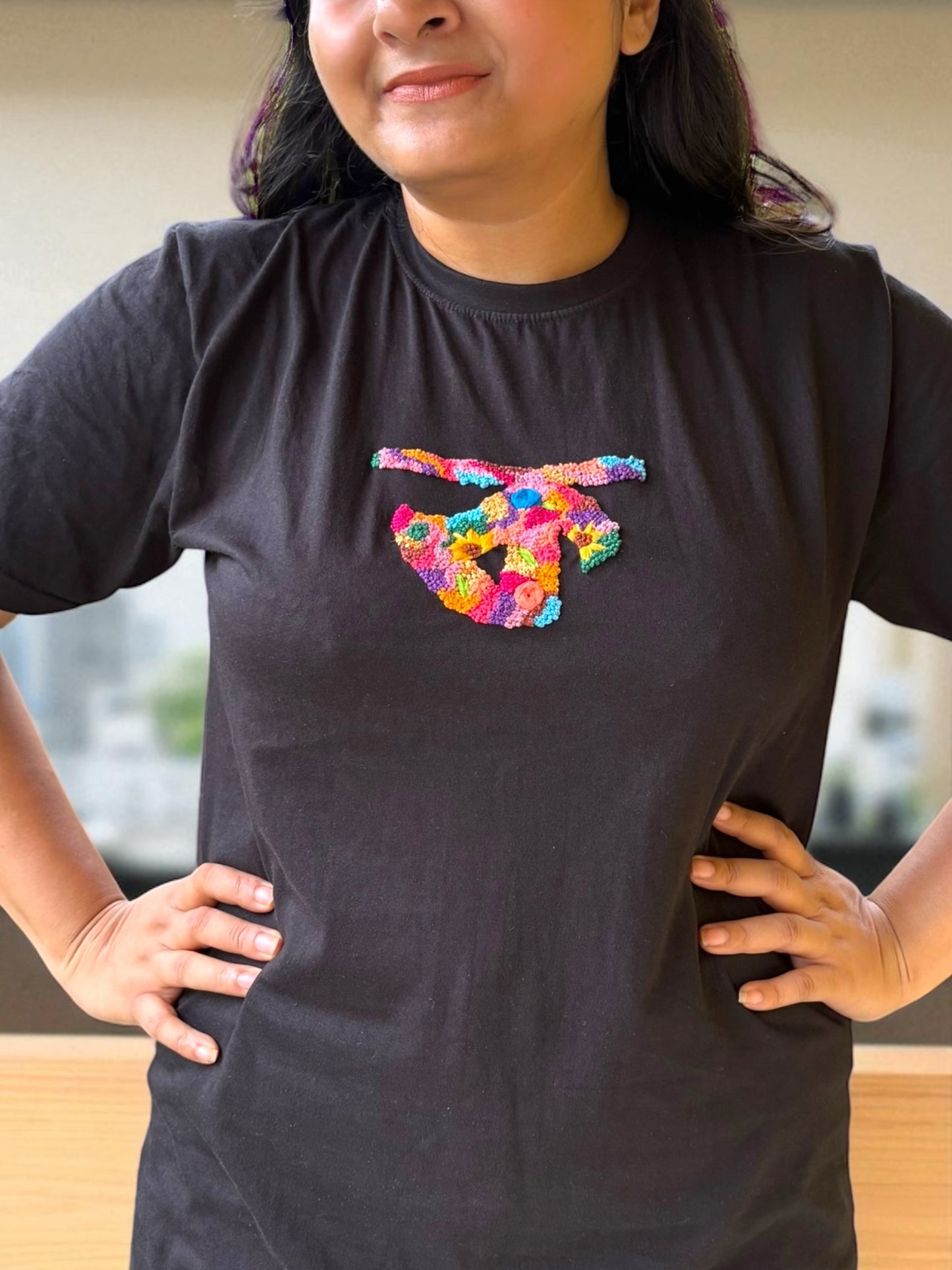 Hana Alphabet Embroidered T-shirt Top -“ক” Black