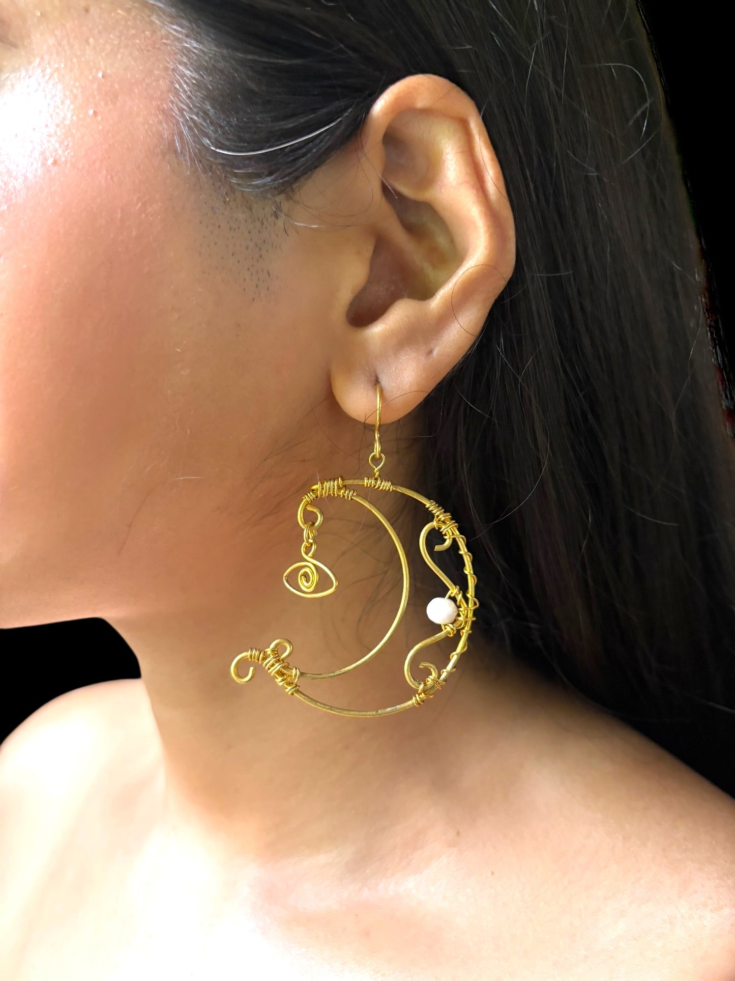 Selene Moon Crystal and Brass Dangler Earrings
