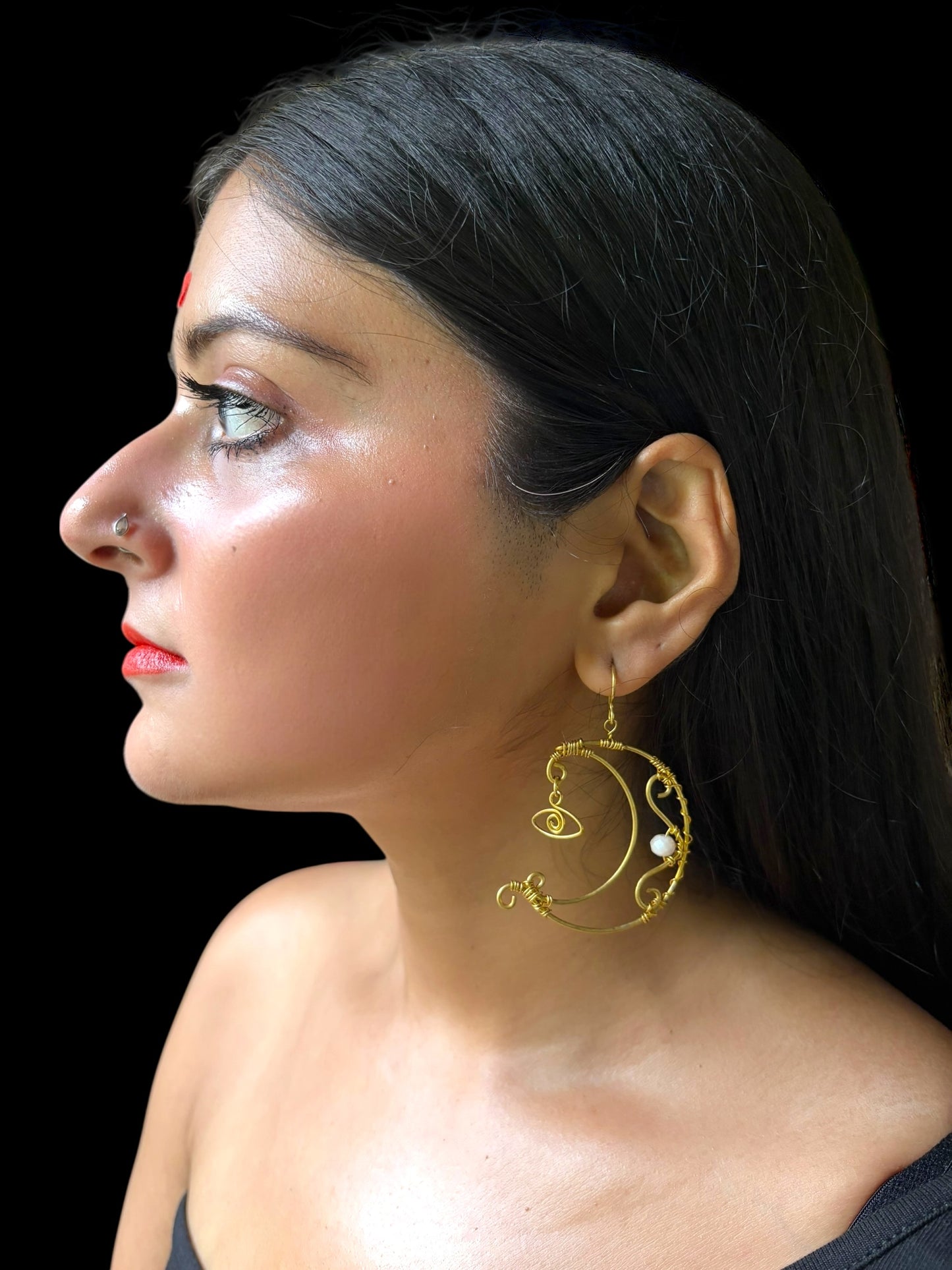 Selene Moon Crystal and Brass Dangler Earrings