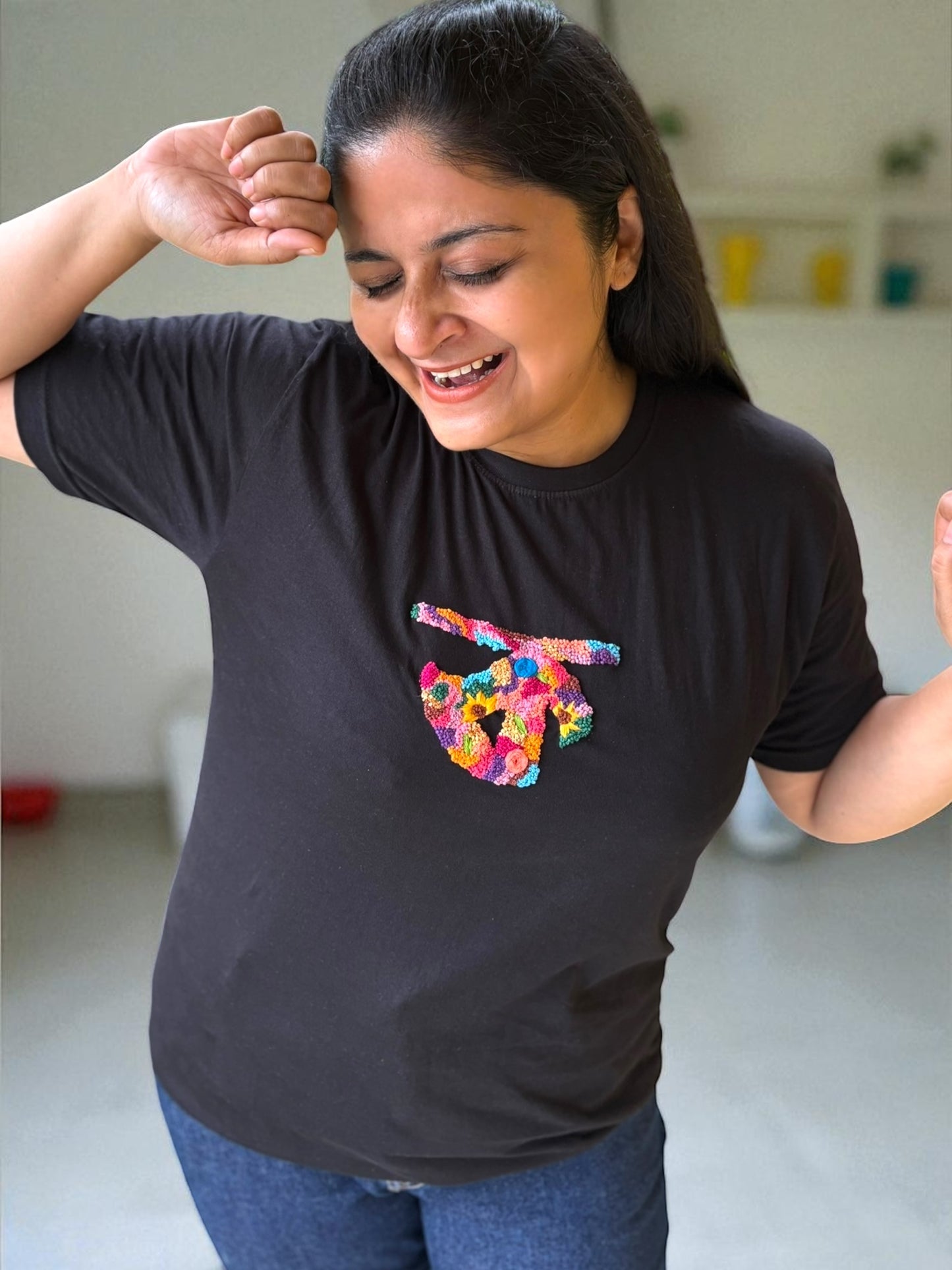 Hana Alphabet Embroidered T-shirt Top -“ক” Black