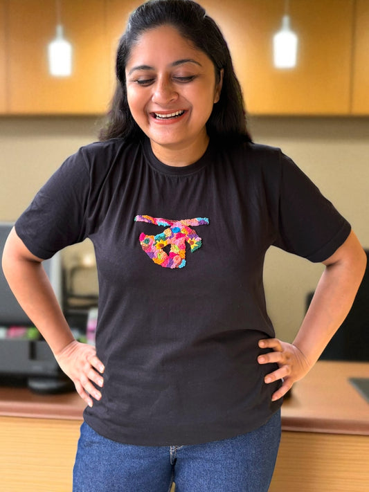 Hana Alphabet Embroidered T-shirt Top -“ক” Black