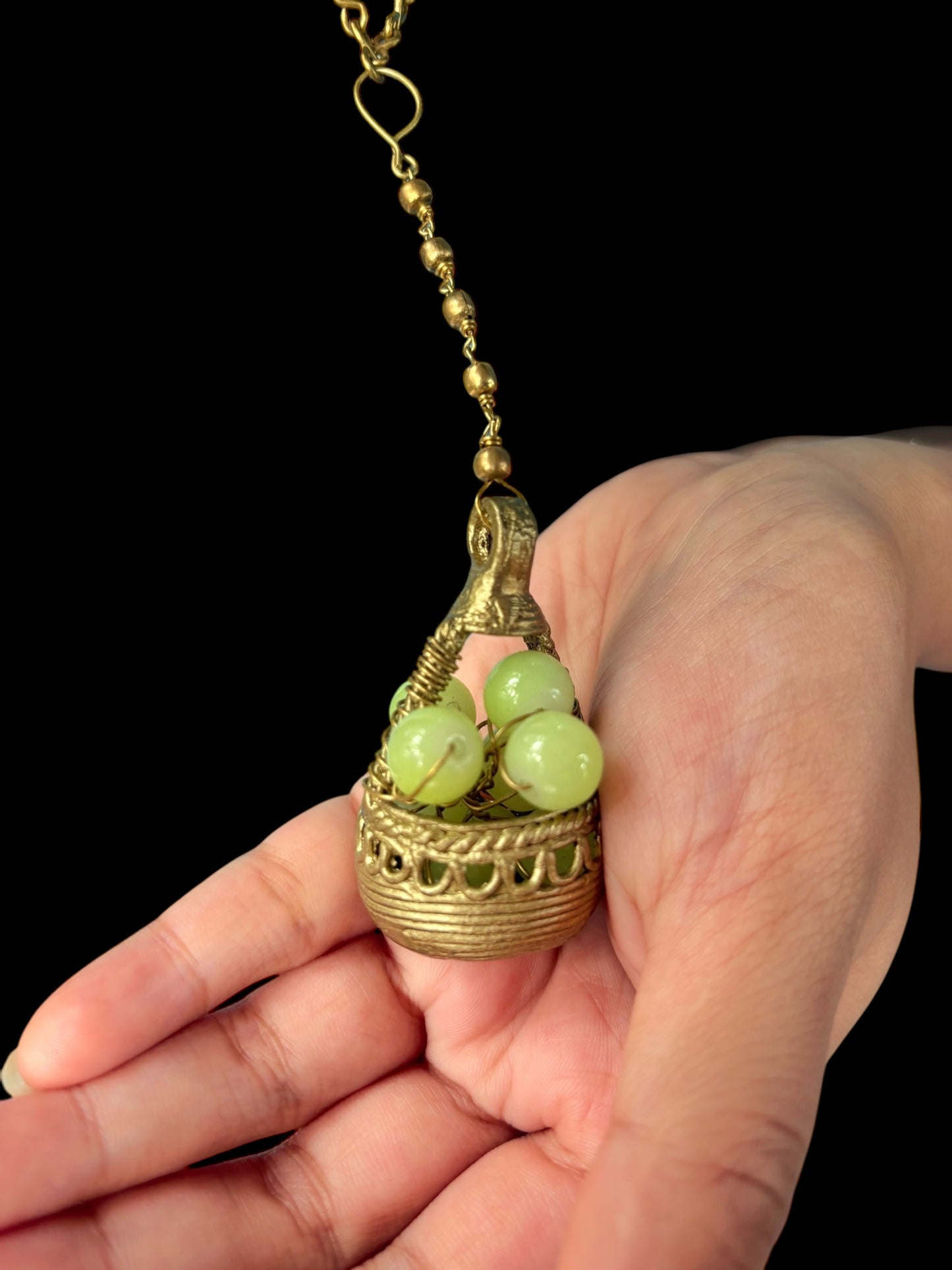 Green Grapes Basket Dokra Crystal and Brass Pendant Chain Necklace