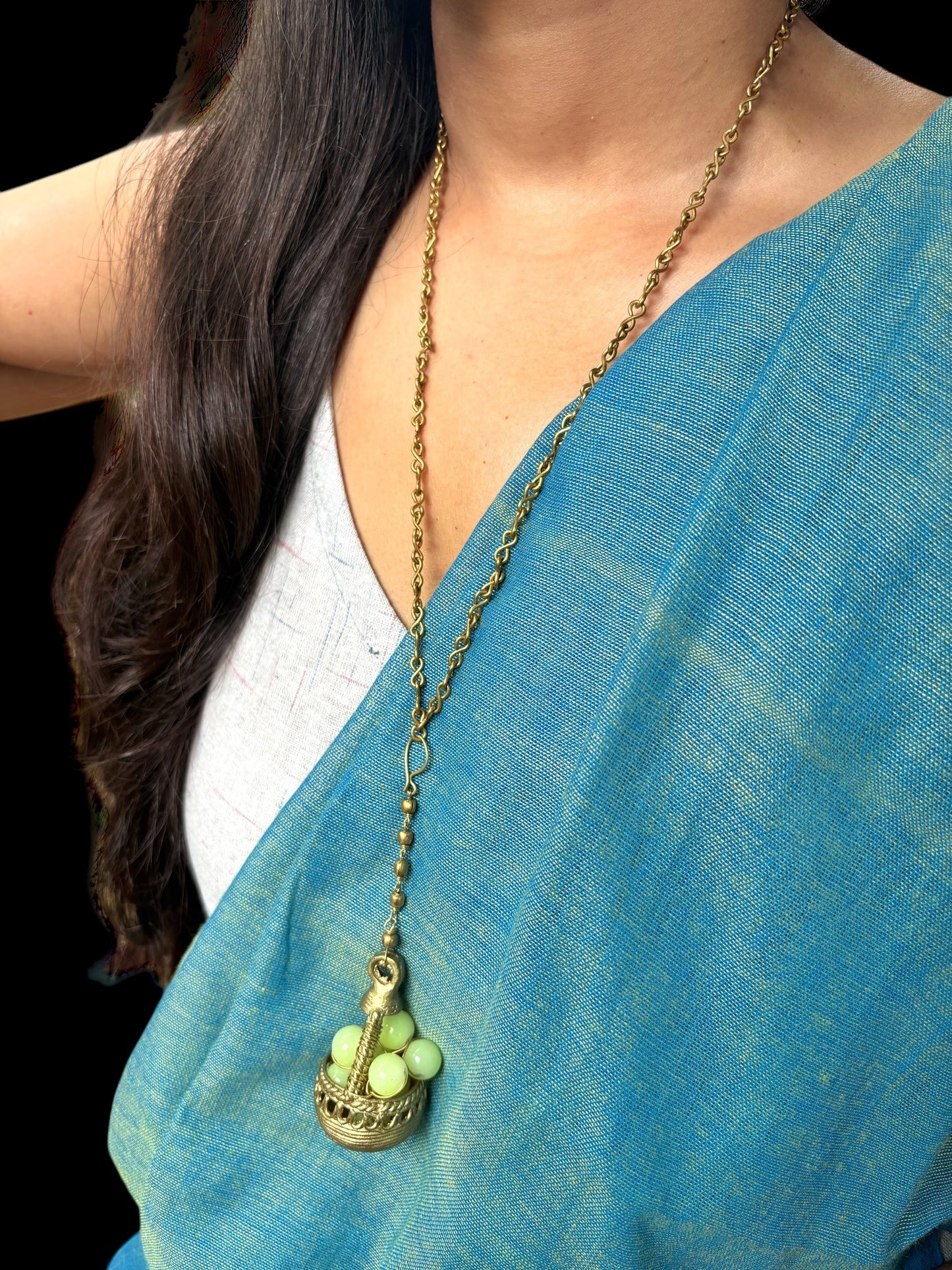 Green Grapes Basket Dokra Crystal and Brass Pendant Chain Necklace