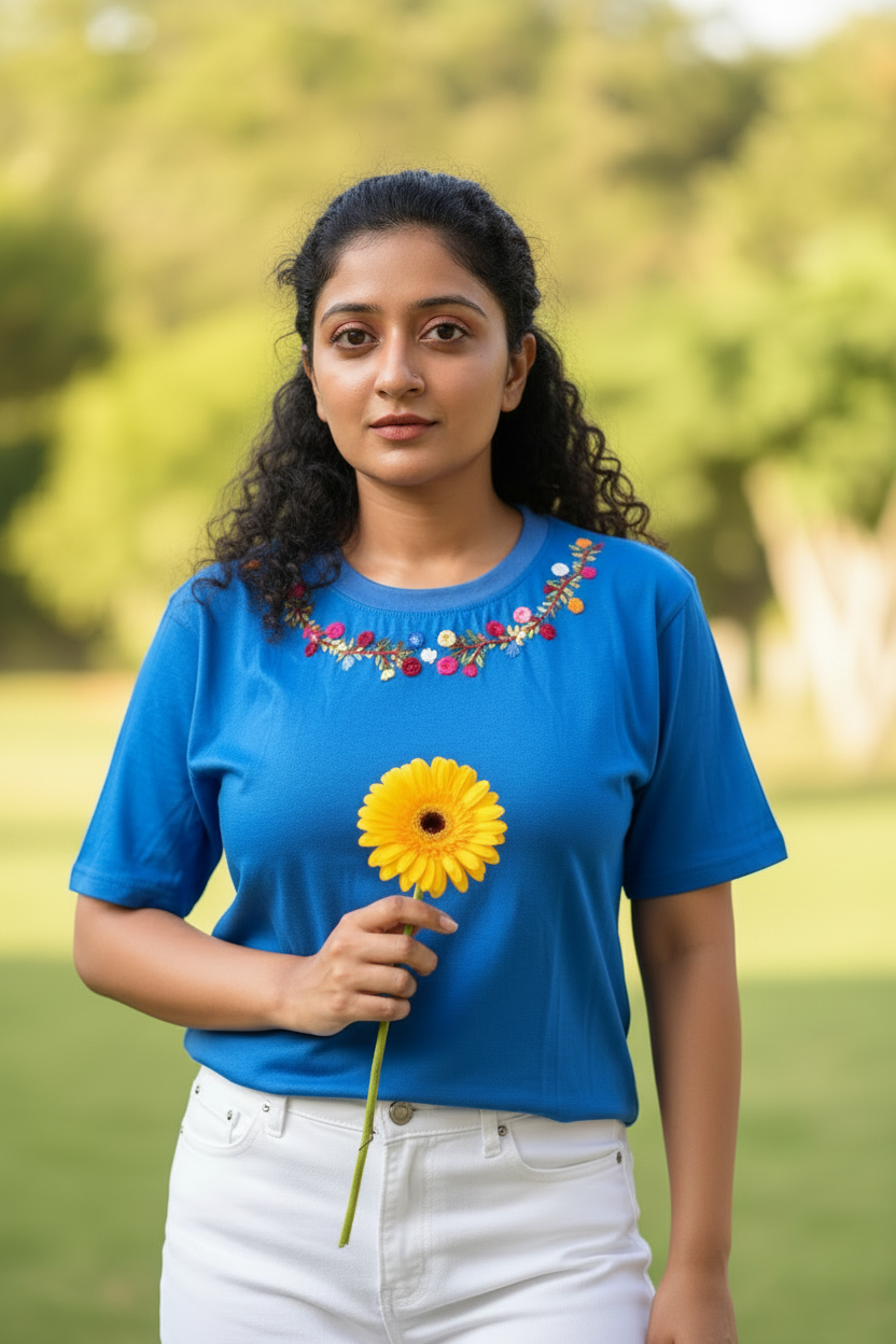 Hana Embroidered T-shirt Top - Blue Shoulder