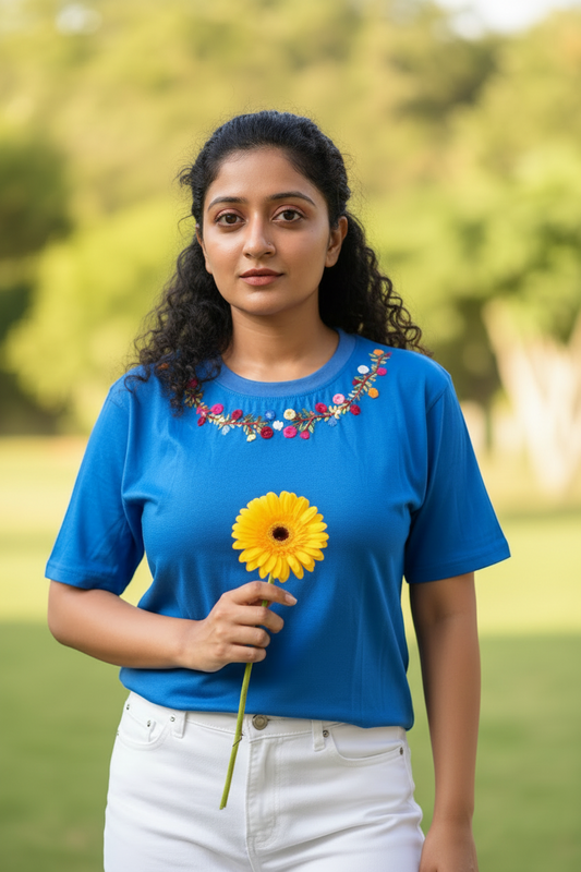 Hana Embroidered T-shirt Top - Blue Shoulder