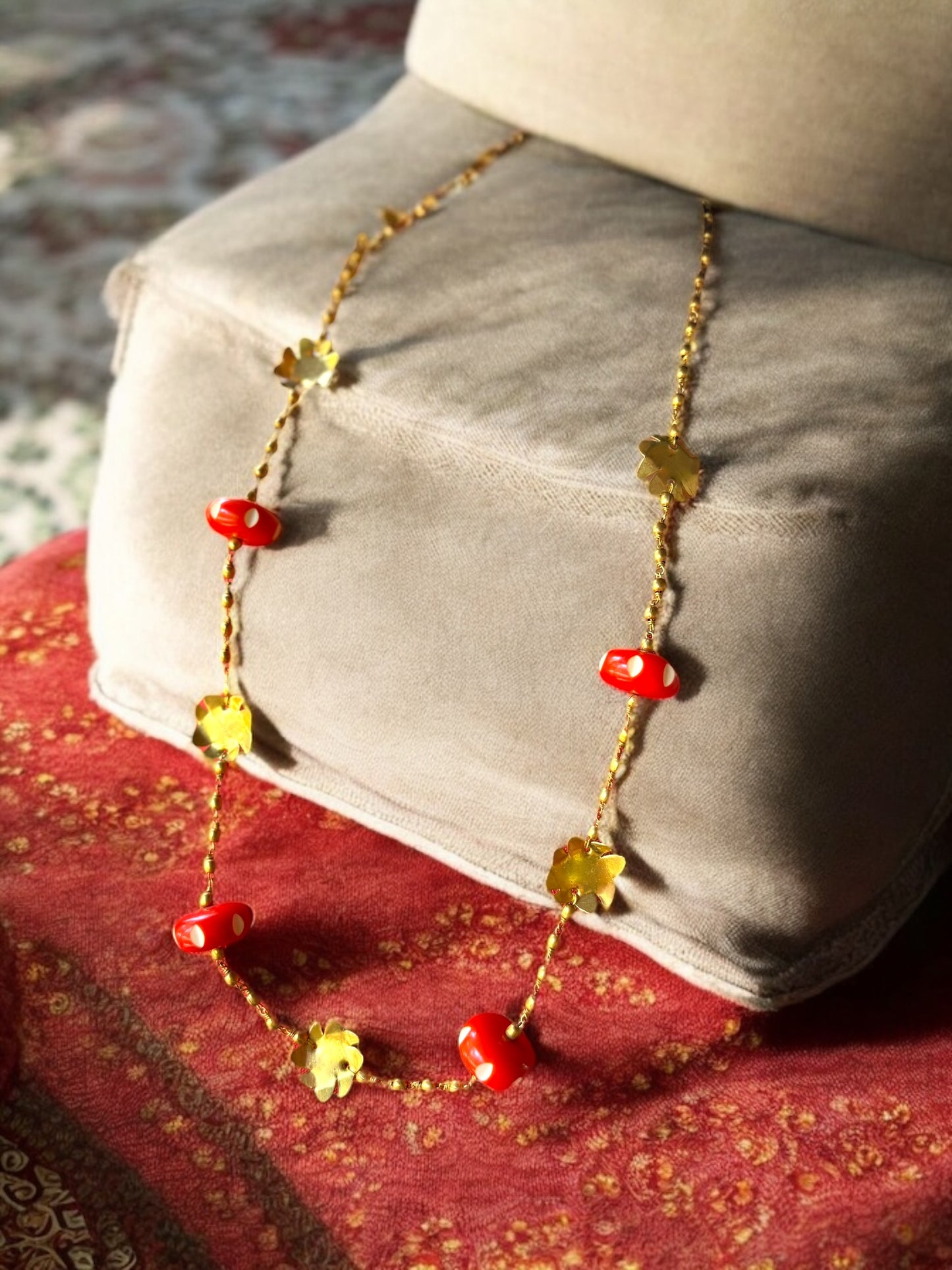 Shiuli Red Beaded Brass Chain Necklace